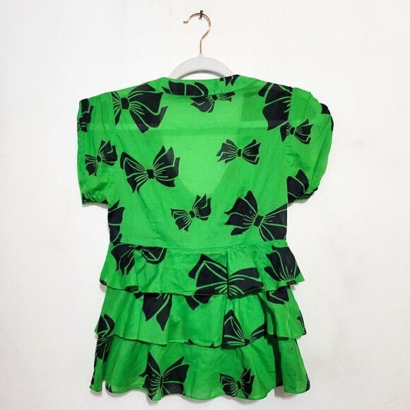 Nanette Lepore Green Bow Print Ruffle V-Neck Blouse - Picture 2 of 5